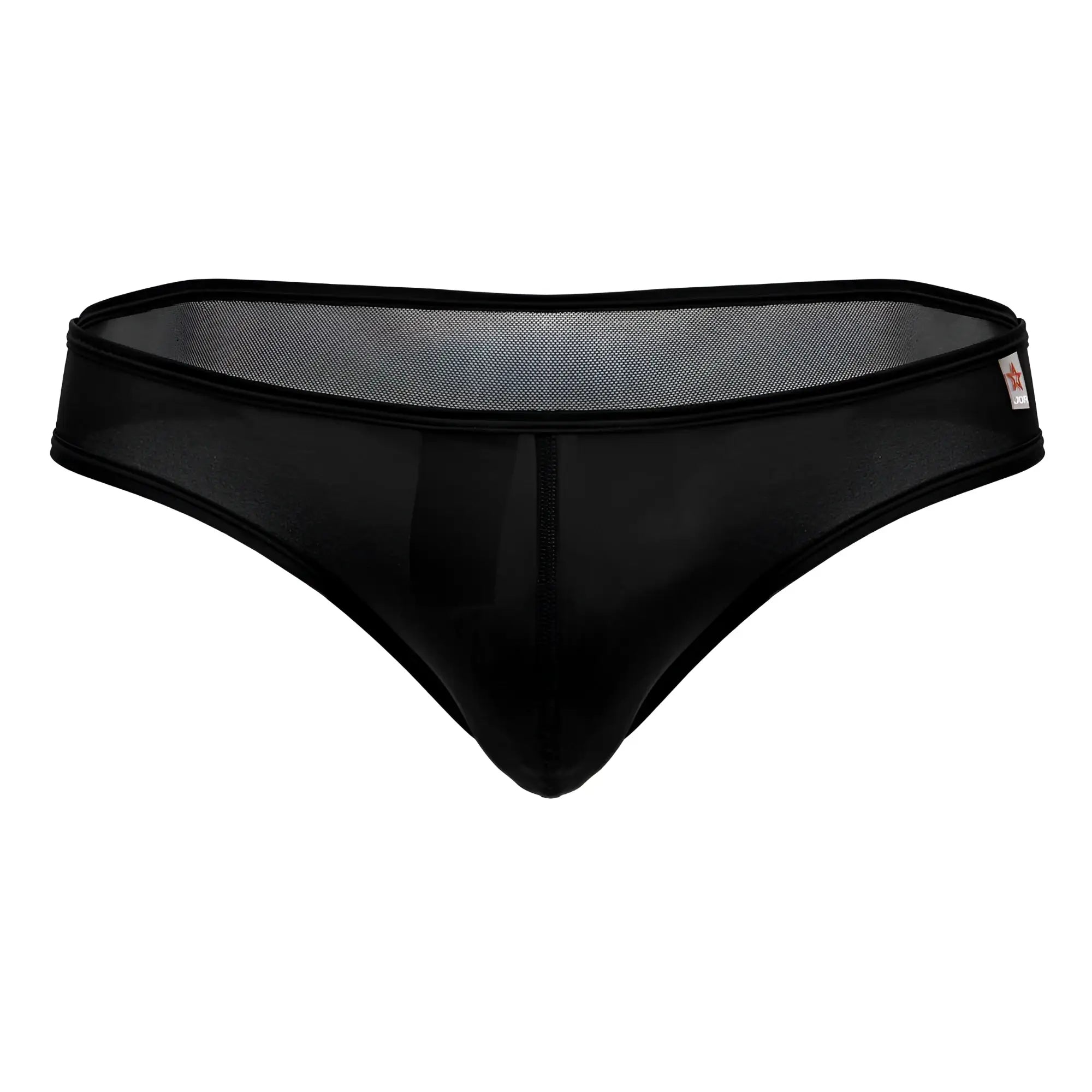 Black JOR 2242 Origin thong with black mesh, smooth opaque front panel, and reinforced elastic waistband