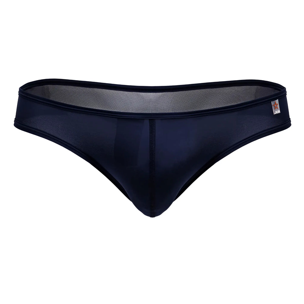 Jor 2242 origin thongs in blue feature black mesh briefs with a smooth opaque front panel and star logo waistband