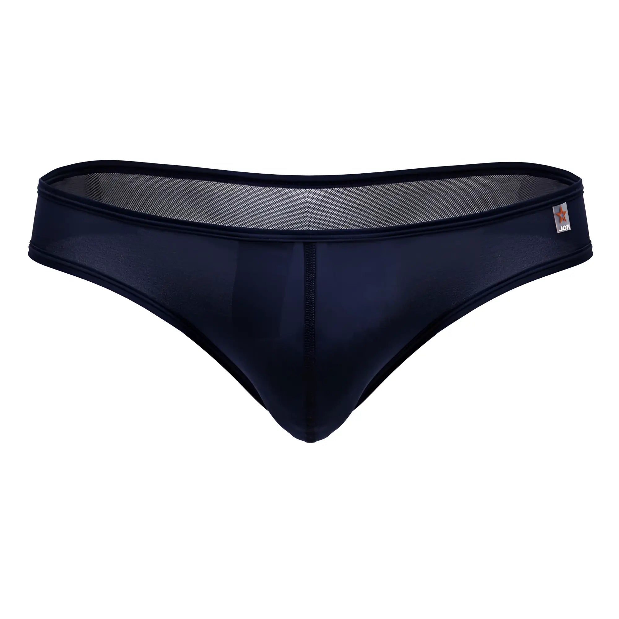 Jor 2242 origin thongs in blue feature black mesh briefs with a smooth opaque front panel and star logo waistband