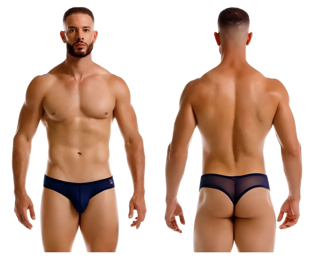 Navy blue JOR 2242 Origin thong featuring a mesh design with a solid fabric waistband front view