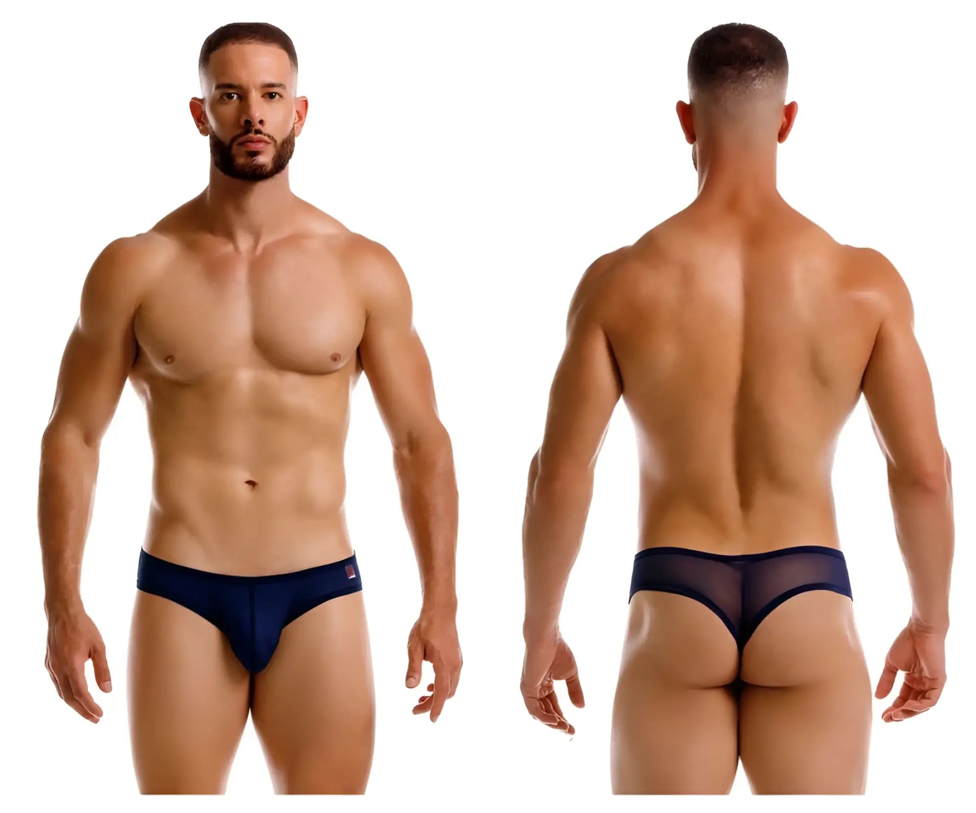 Navy blue JOR 2242 Origin thong featuring a mesh design with a solid fabric waistband front view