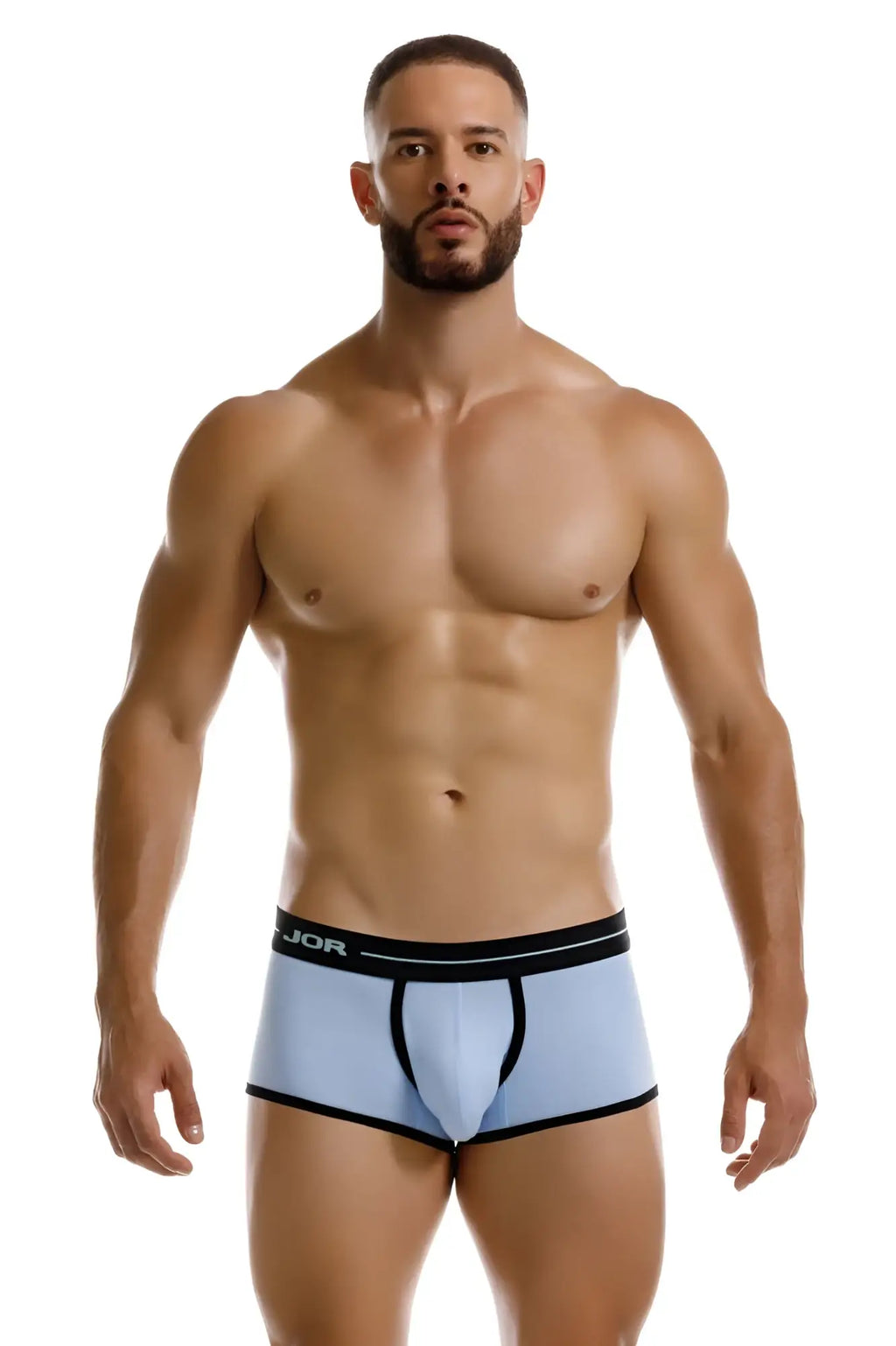 Light blue jor 2243 astra trunks boxer briefs with black trim and subtle logo on the waistband for comfortable wear