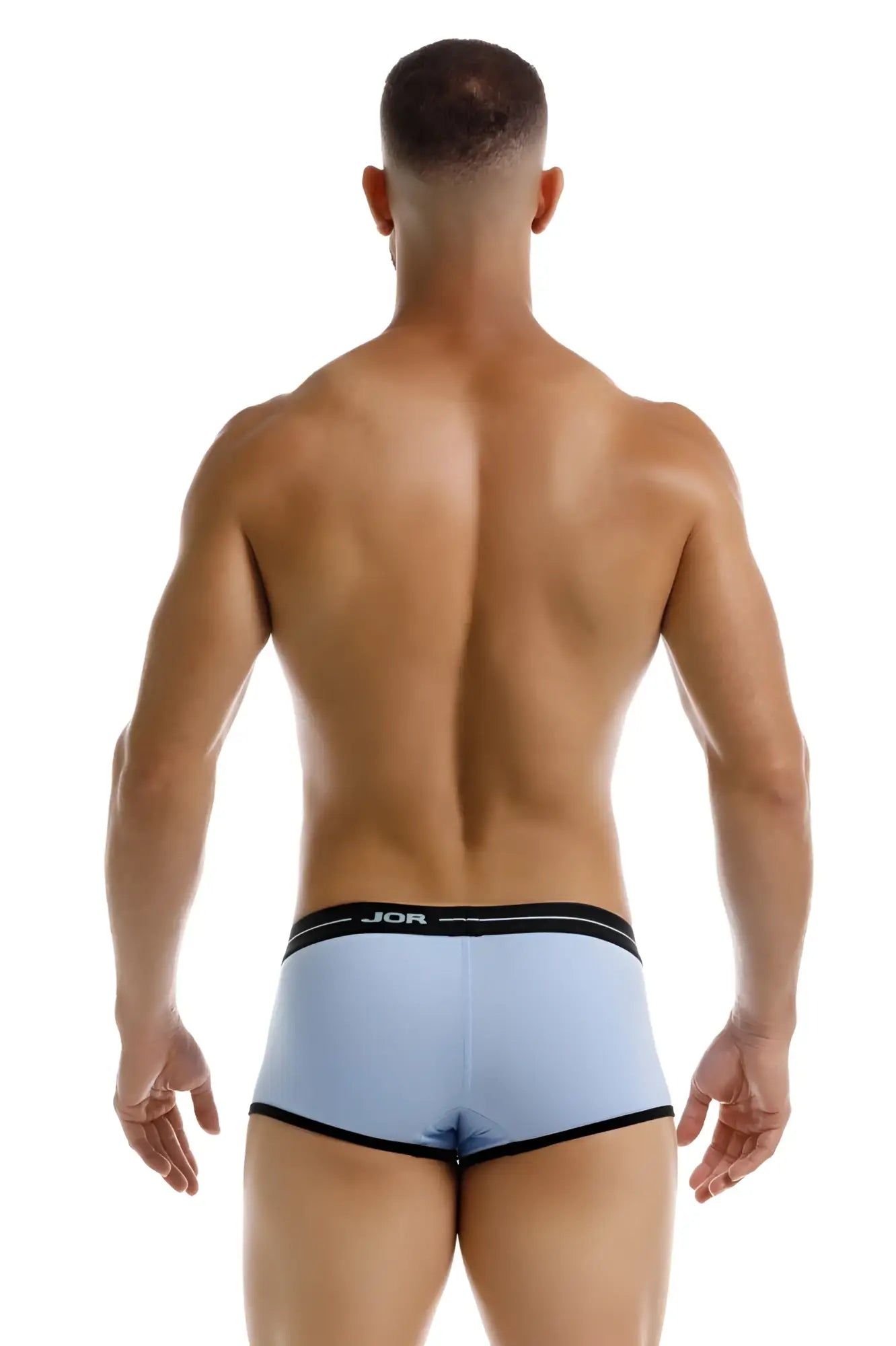 Light blue jor 2243 astra trunks men’s briefs with black trim featuring comfortable fabric and supportive fit