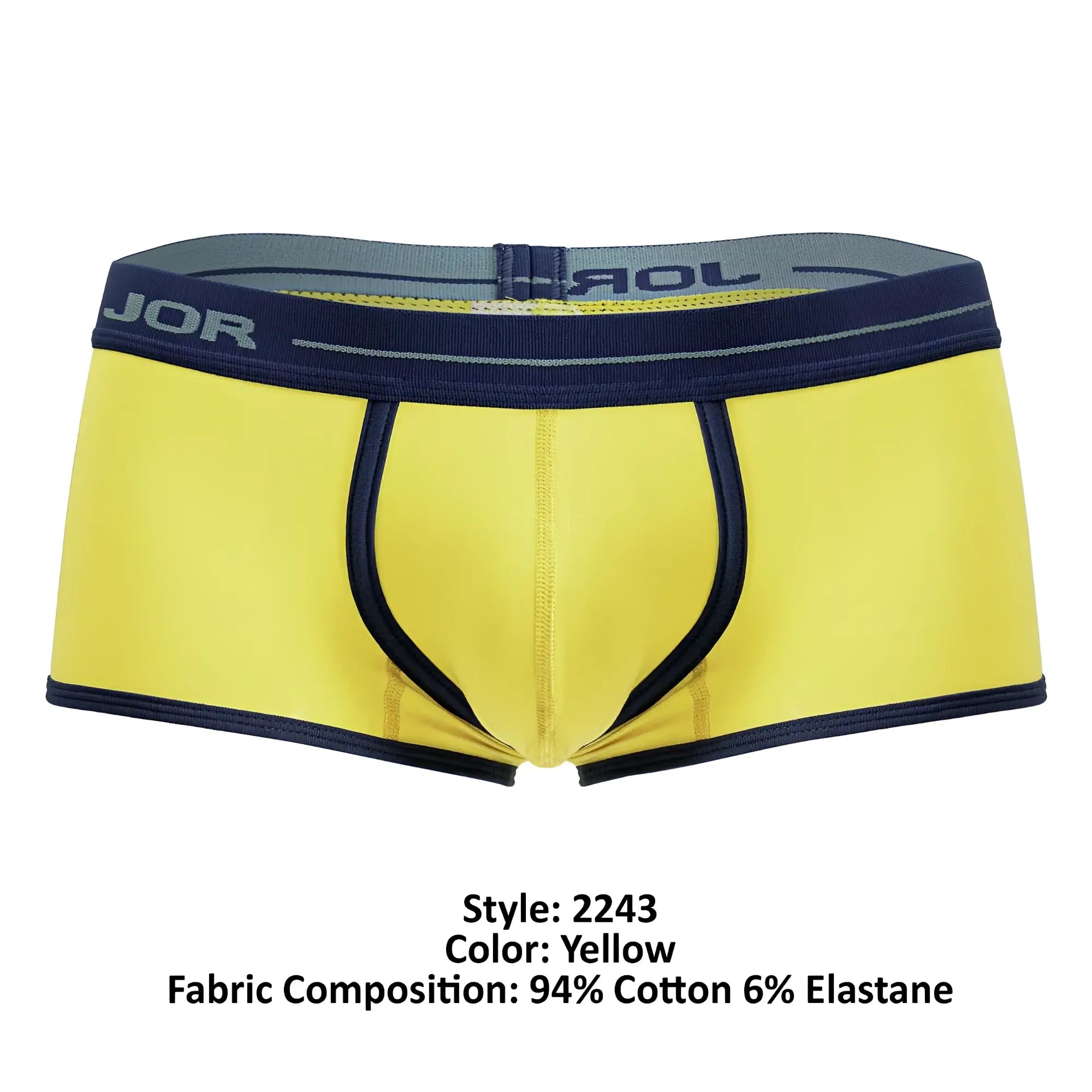 Bright yellow jor 2243 astra trunks briefs with navy blue trim and elastic waistband for comfortable wear