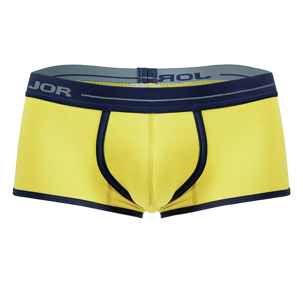 Bright yellow jor 2243 astra men’s briefs with navy blue trim and elastic waistband for comfortable support