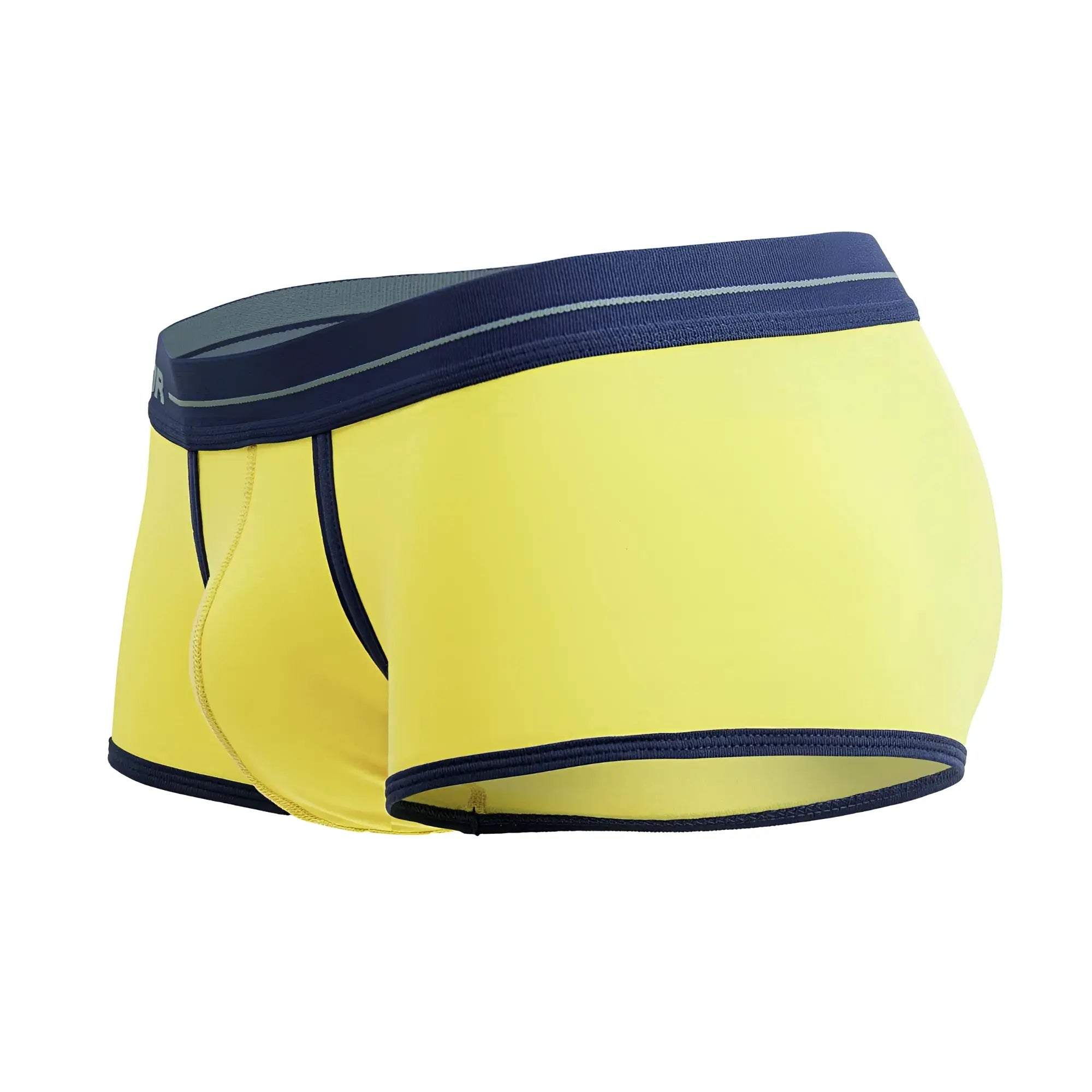 Bright yellow jor 2243 astra trunks men’s briefs with navy blue trim and subtle gray waistband stripe