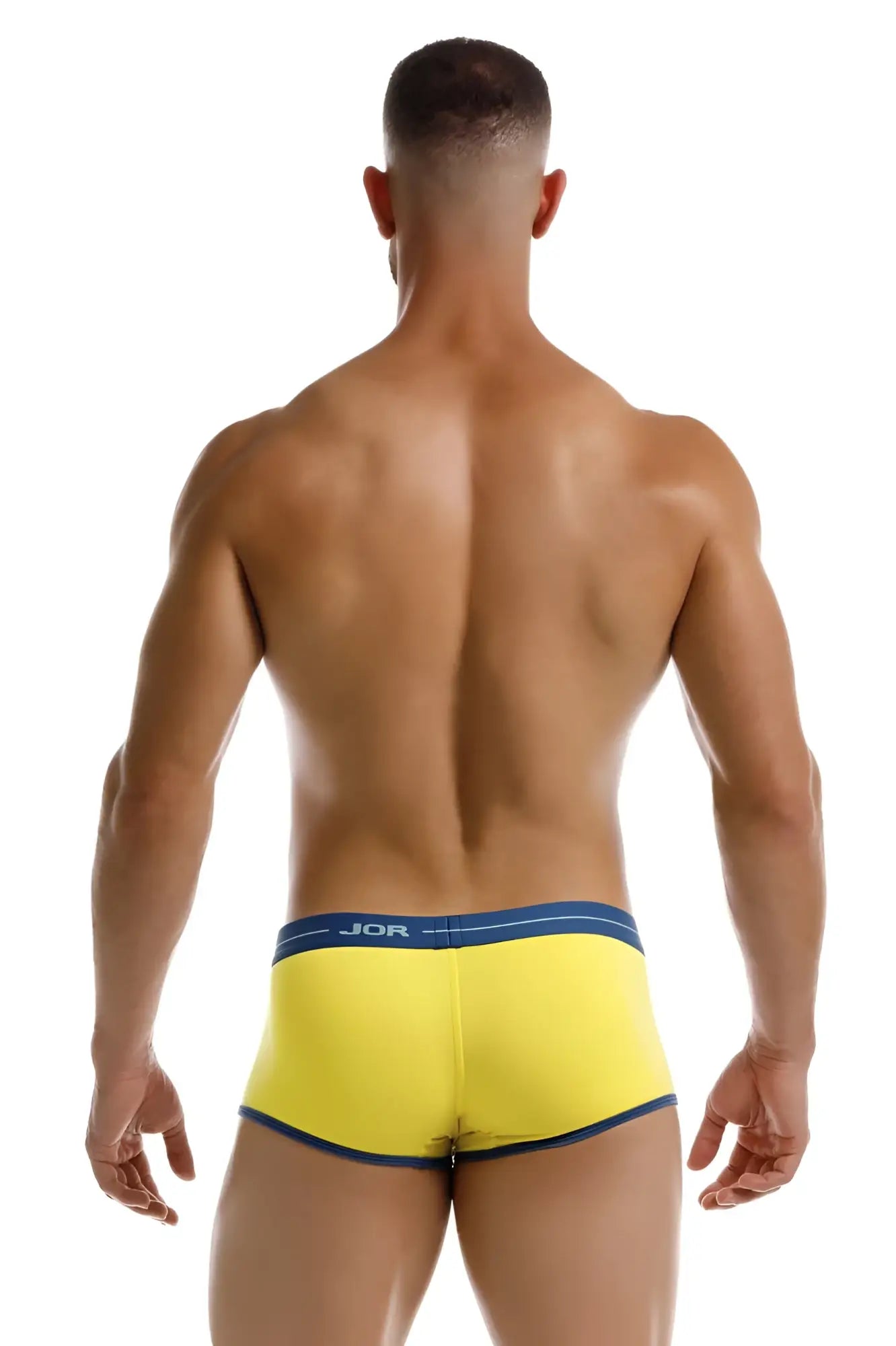 Bright yellow jor 2243 astra trunks briefs with navy blue waistband and trim featuring jor brand logo