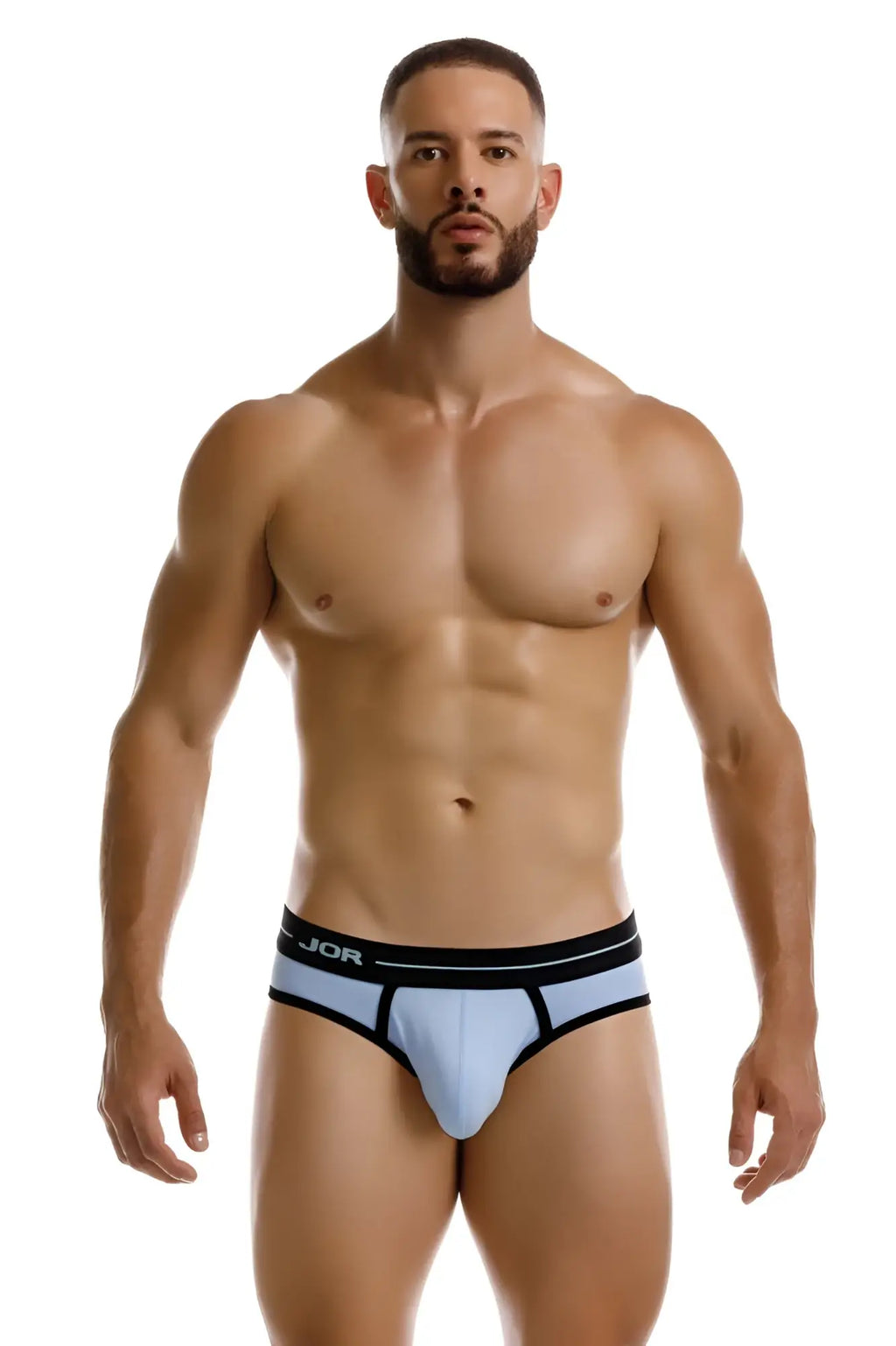 Light blue jor 2244 Astra briefs with black trim and branded waistband for comfortable everyday wear