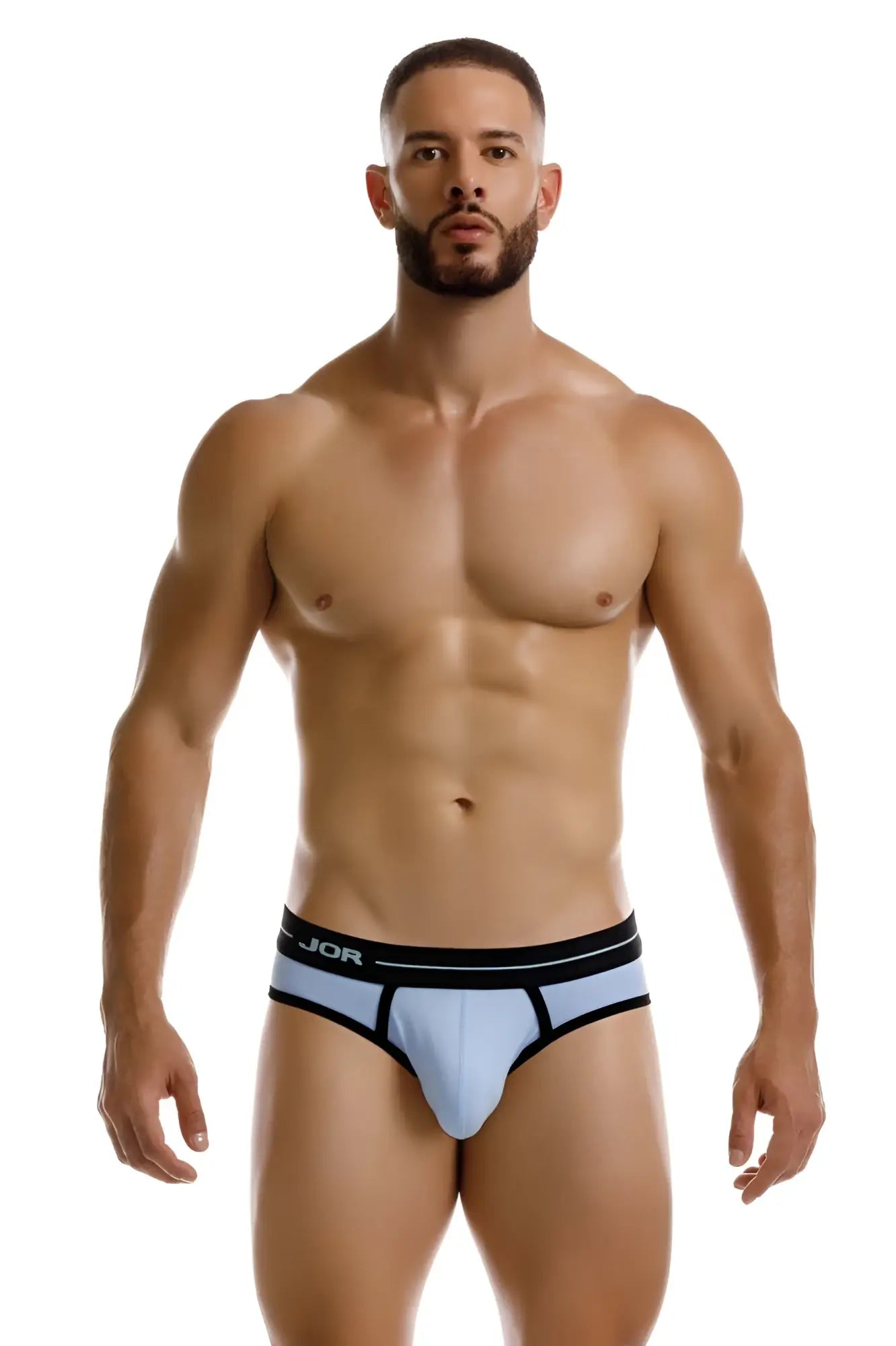 Light blue jor 2244 Astra briefs with black trim and branded waistband for comfortable everyday wear