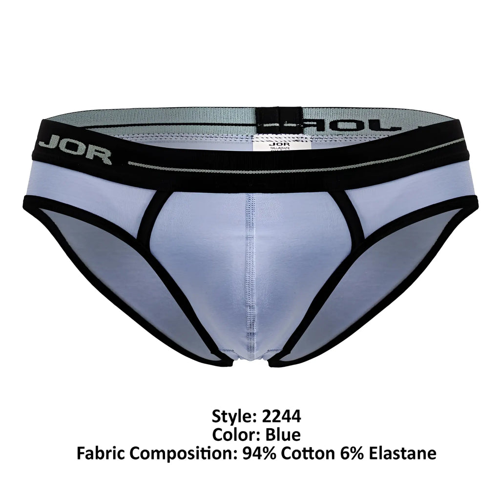 Blue jor 2244 astra briefs featuring men’s blue fabric with black trim and elastic waistband for comfortable fit