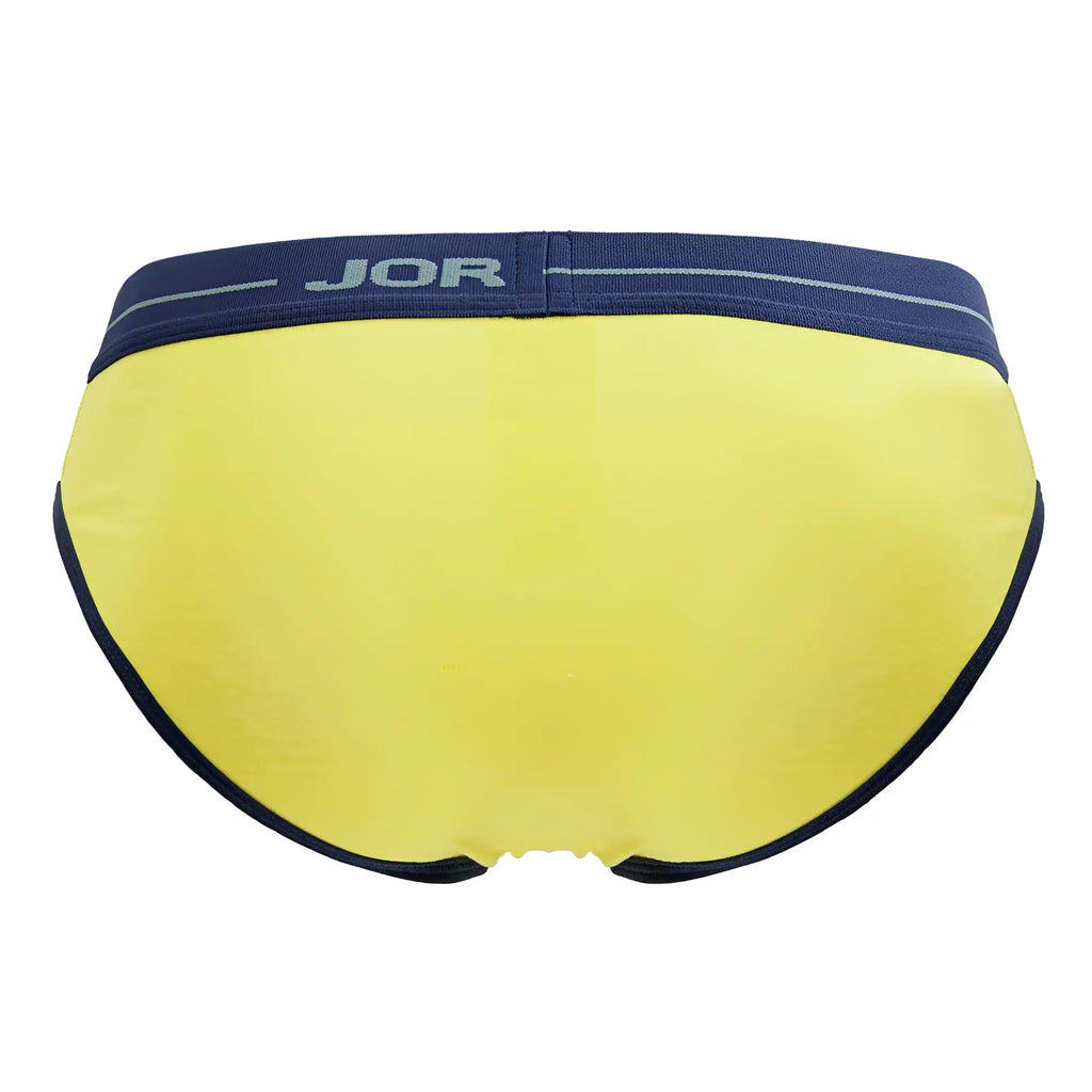 Bright yellow jor 2244 astra briefs for men with navy blue waistband and trim made from soft fabric