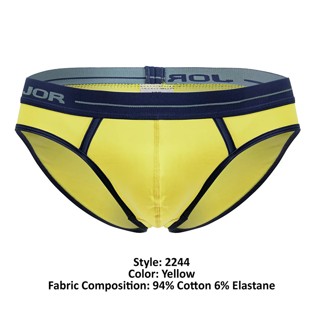 Bright yellow jor 2244 astra men’s briefs with navy trim and gray elastic waistband featuring the jor logo