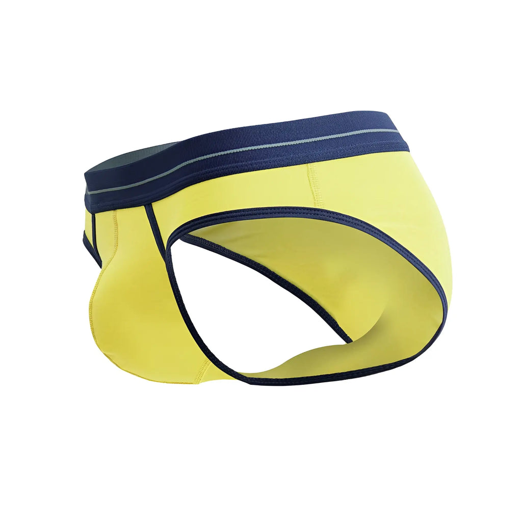 Bright yellow jor 2244 astra men’s briefs with navy blue waistband and trim in soft breathable fabric
