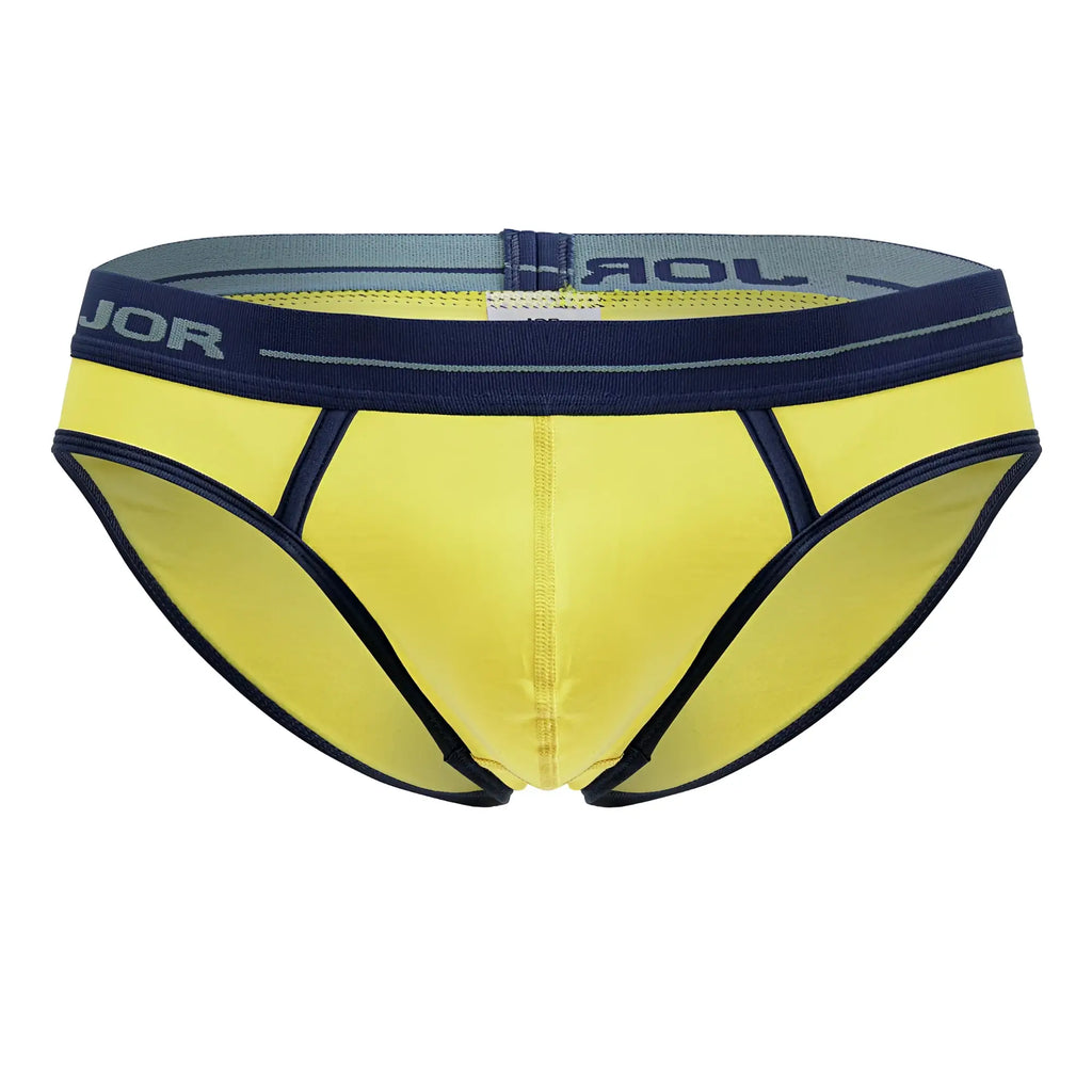Bright yellow jor 2244 astra men’s briefs with navy trim and gray elastic waistband featuring jor logo