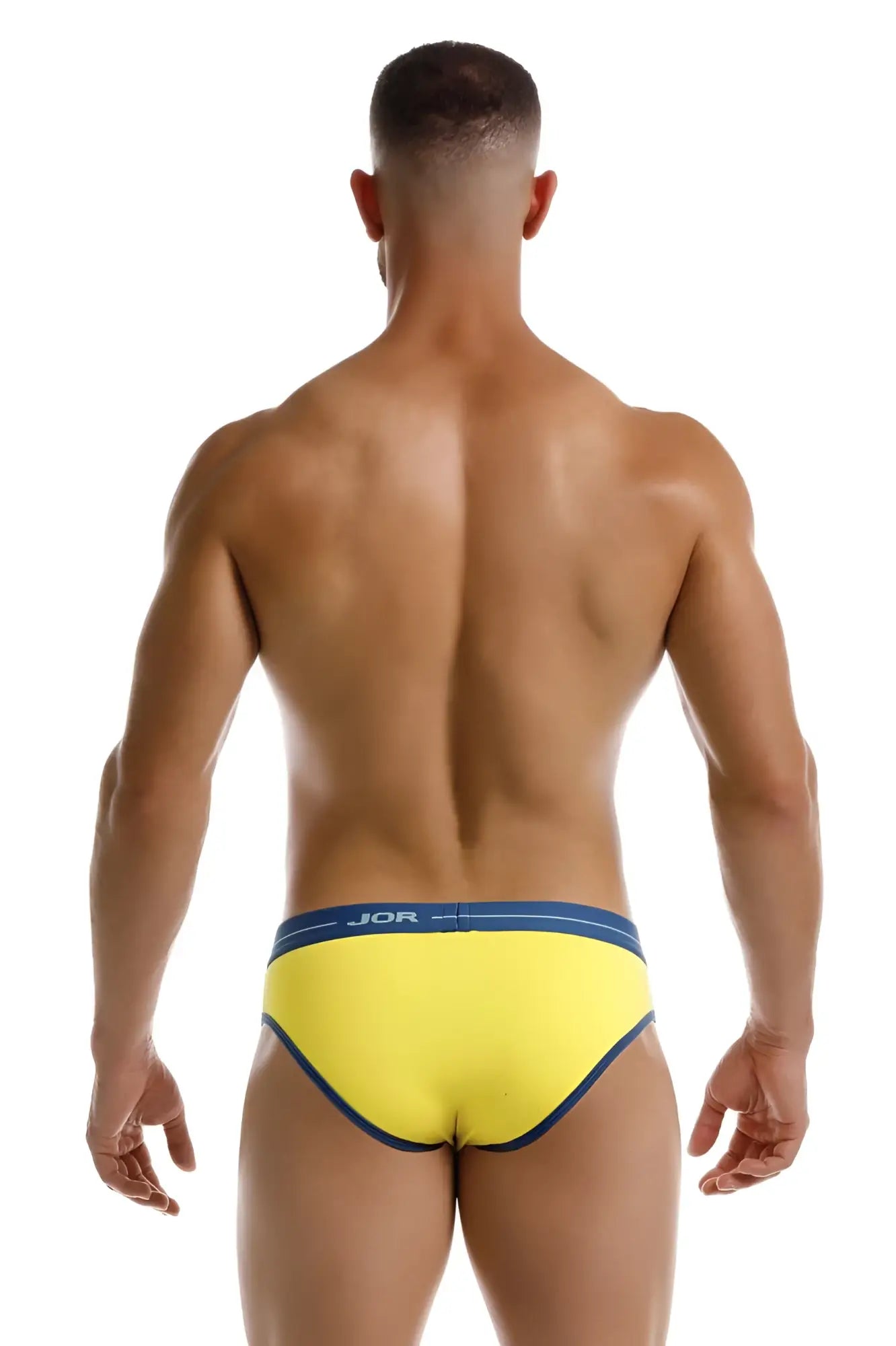 Yellow jor 2244 astra briefs with bright yellow fabric and navy blue trim and waistband for comfortable wear