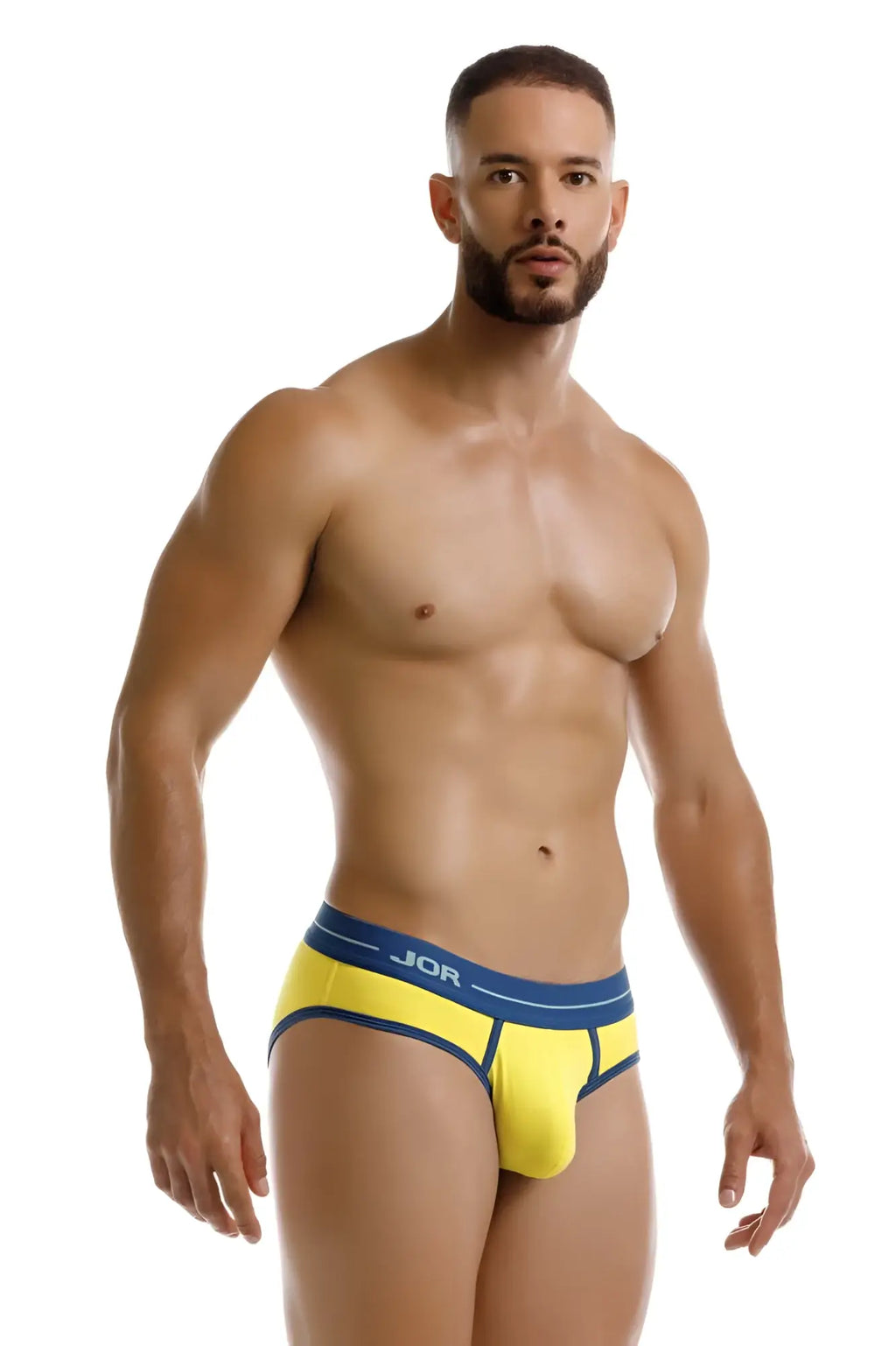 Bright yellow jor 2244 astra briefs with navy blue waistband and jor logo in comfortable stretch fabric