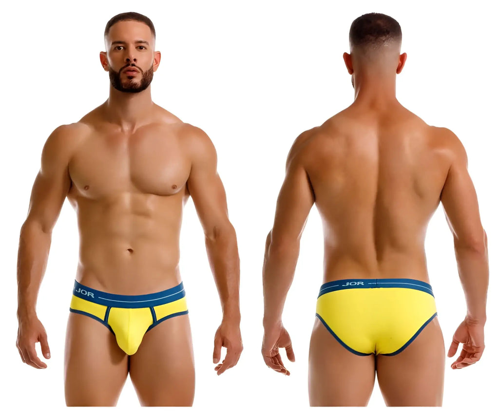 Vibrant yellow jor 2244 astra briefs with contrasting navy blue waistband and trim made from soft breathable fabric