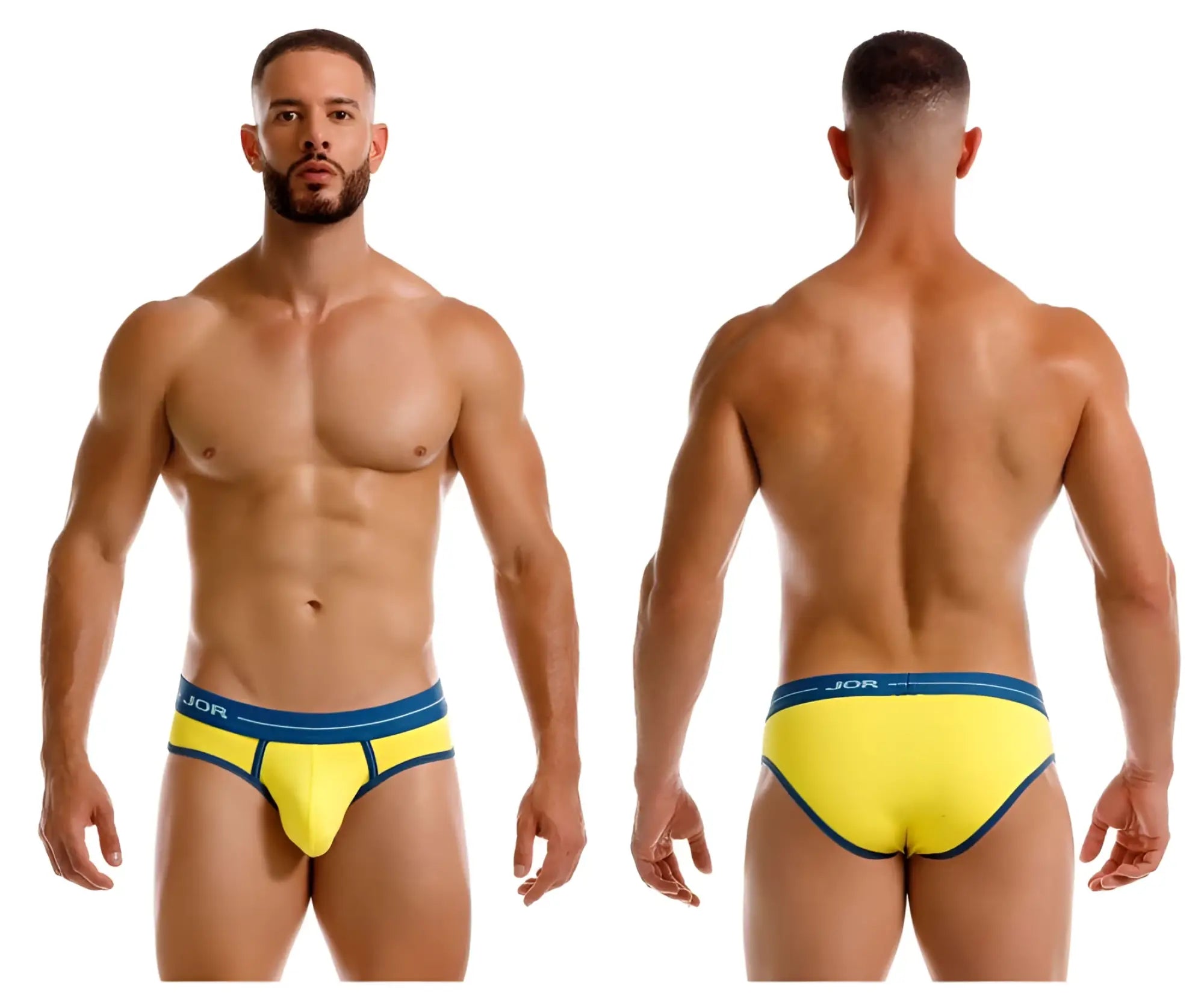 Vibrant yellow jor 2244 astra briefs with contrasting navy blue waistband and trim made from soft breathable fabric