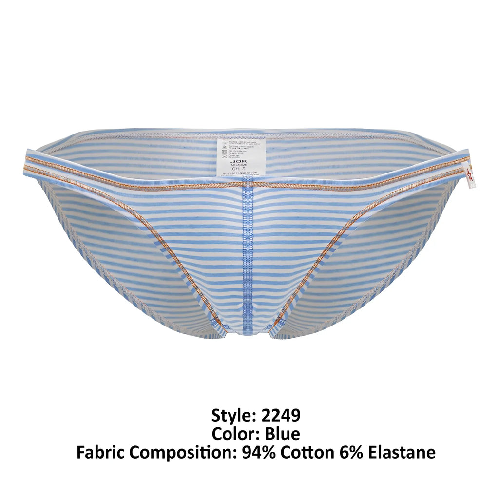 Blue striped mens briefs jor 2249 sour bikini with light blue white stripes and metallic trim on waistband and legs
