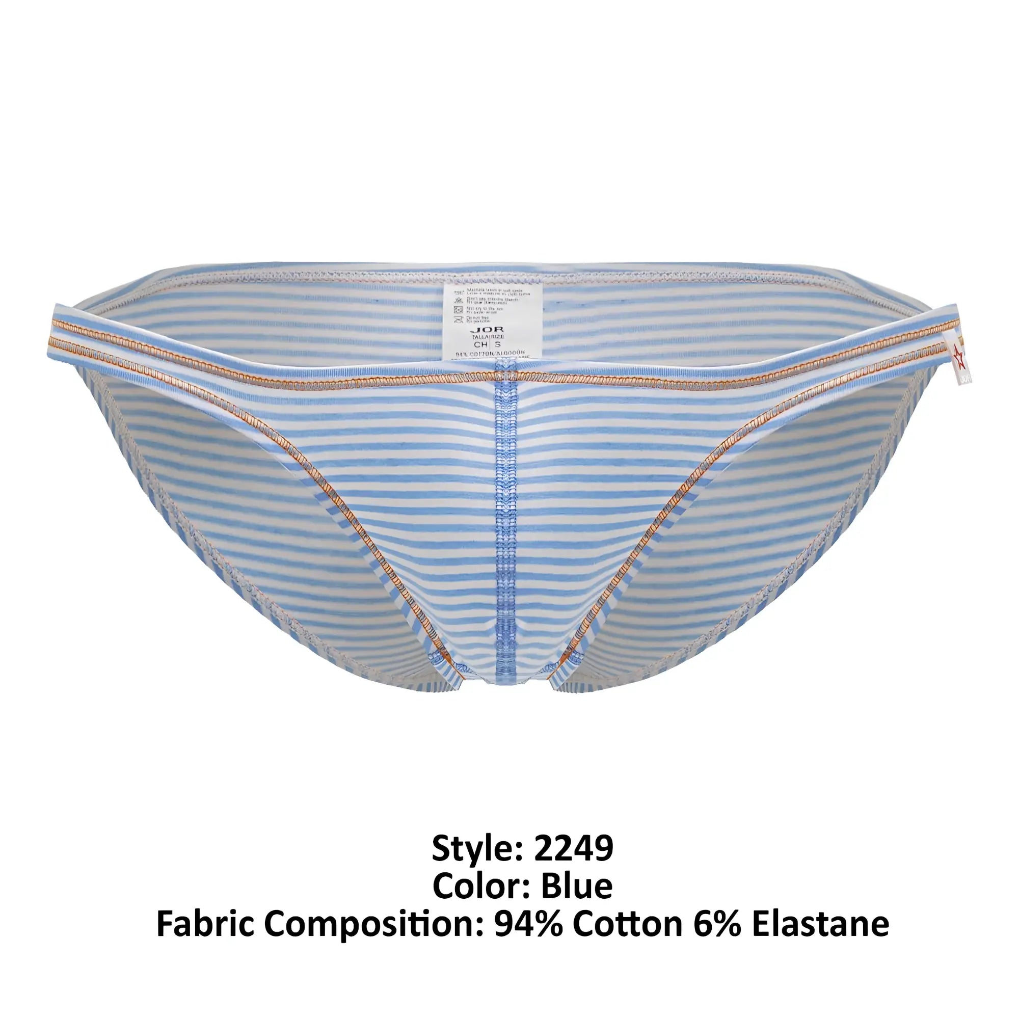 Blue striped mens briefs jor 2249 sour bikini with light blue white stripes and metallic trim on waistband and legs