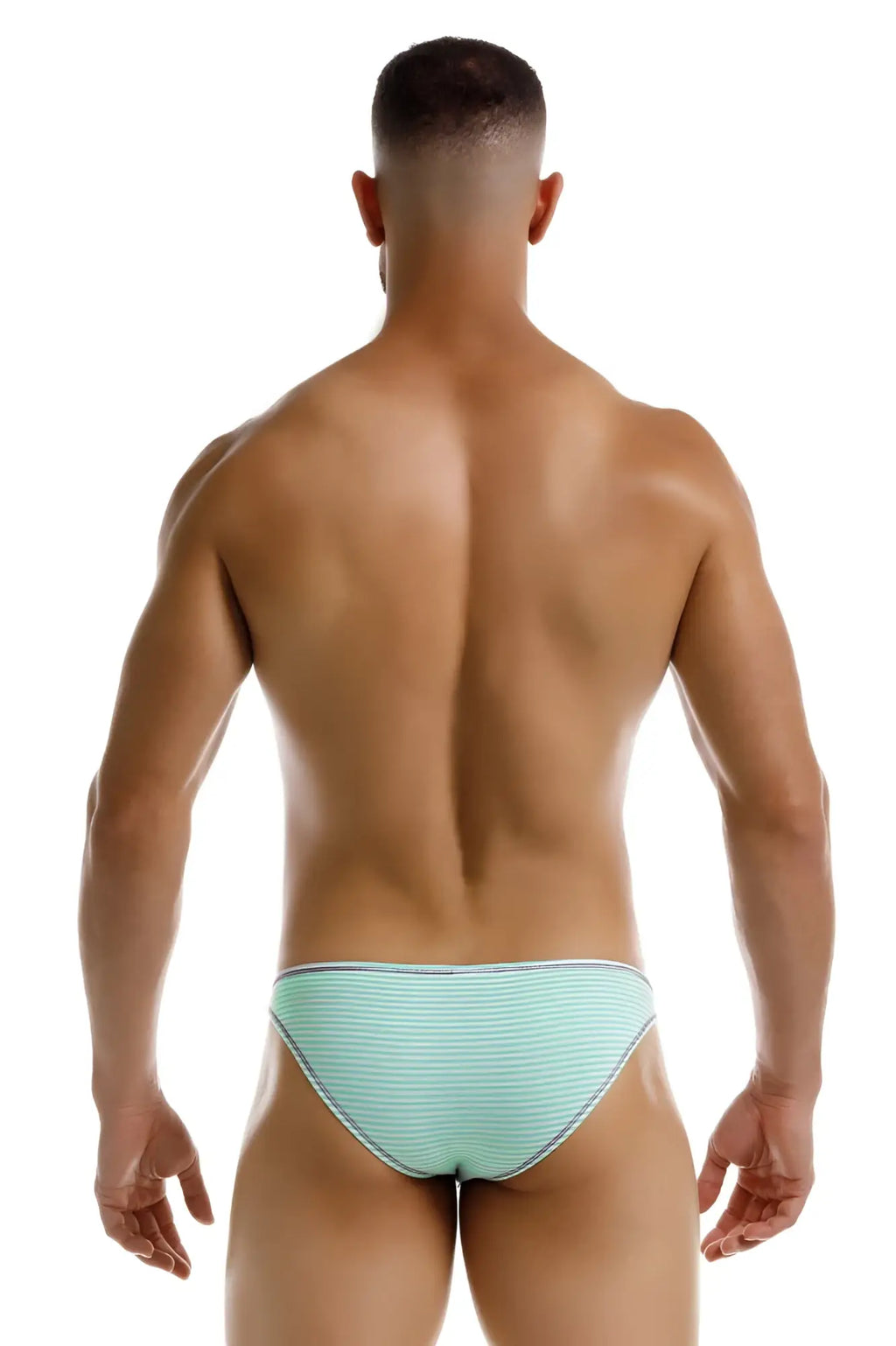 Light blue striped JOR 2249 Sour Bikini swim trunks with subtle white trim in mint color for beachwear