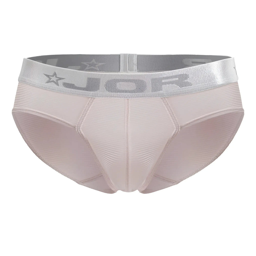 Beige jor 2252 bright briefs with silver waistband featuring brand logo and star motifs in pink color