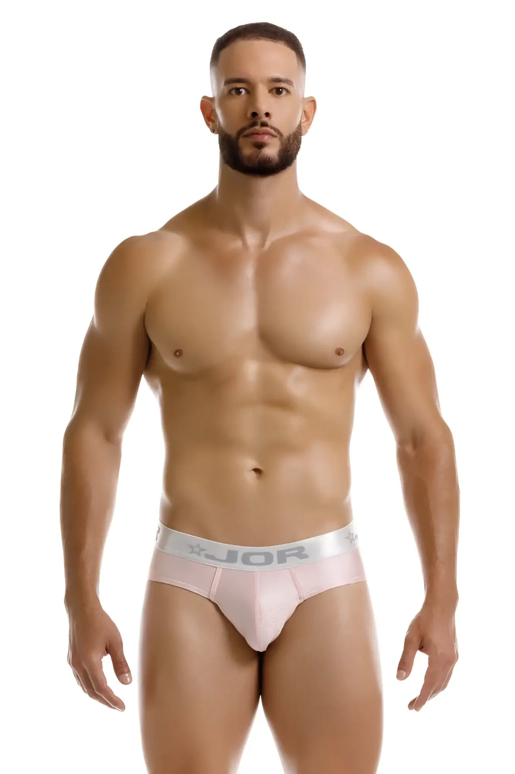 Pink jor 2252 bright briefs with white elastic waistband featuring jor logo in comfortable stretch fabric