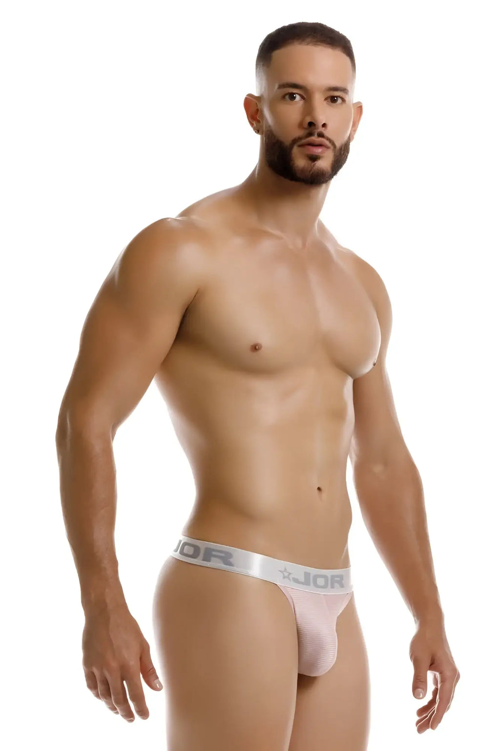Pink jor 2253 bright thongs with a silver waistband featuring the jor logo and star emblem, front view briefs