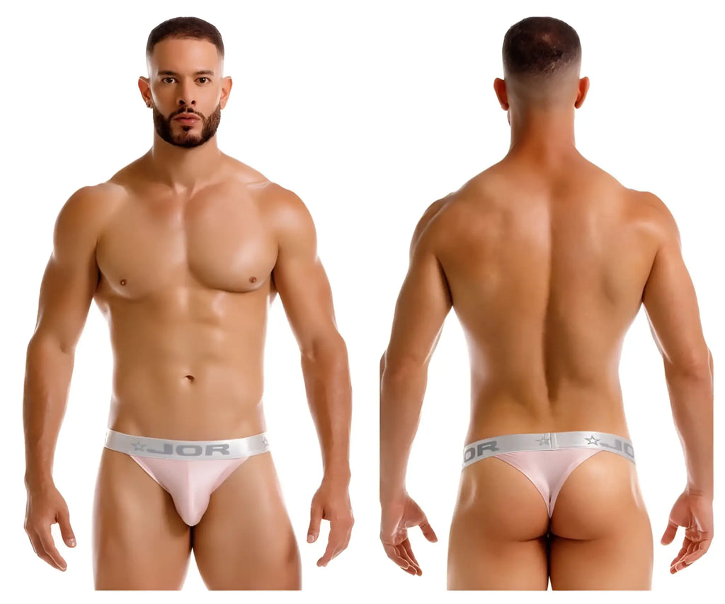 Light pink jor 2253 bright thongs with silver waistband featuring jor logo and star emblem front view