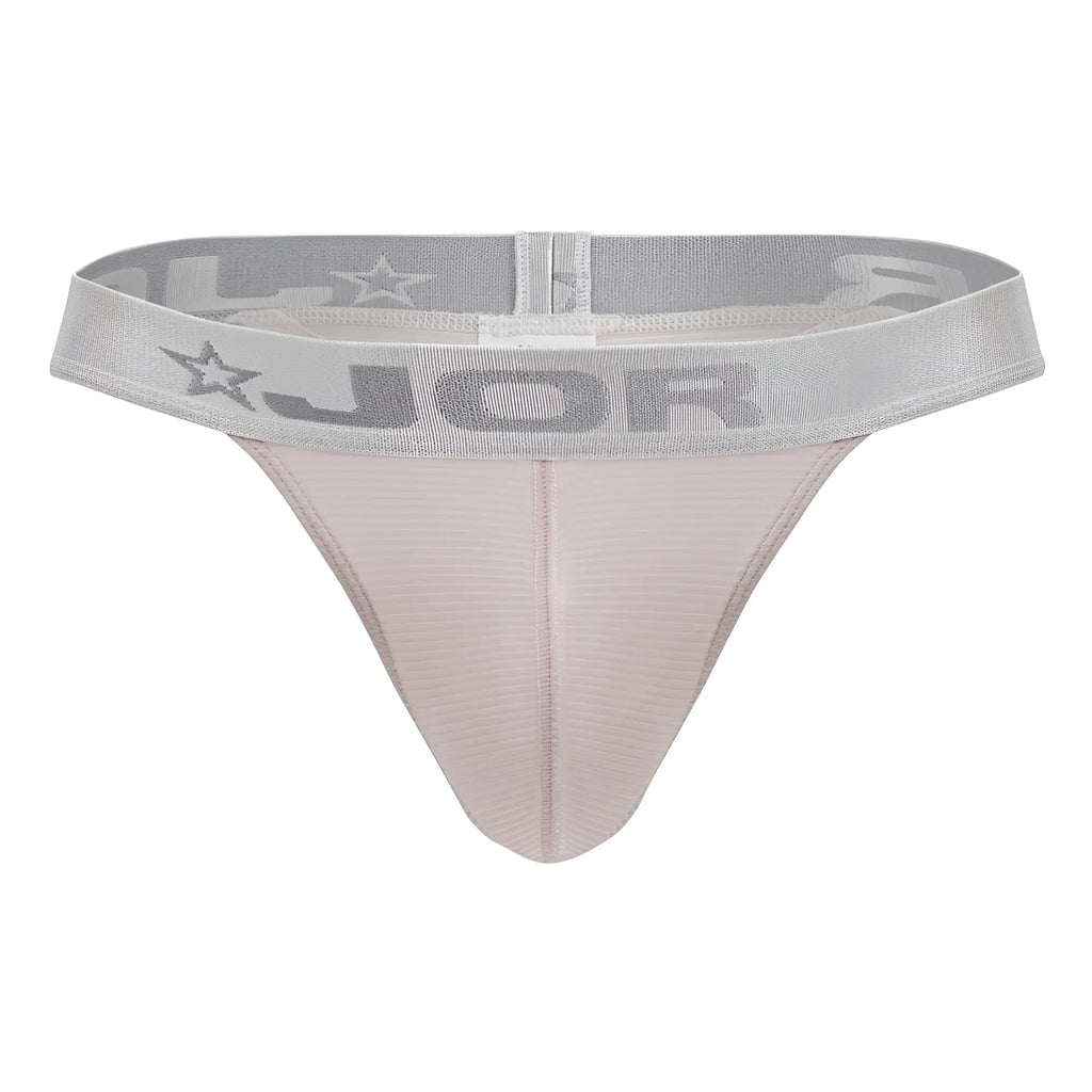 Light pink textured fabric thong with gray elastic jor waistband and star logos from the JOR 2253 Bright Thongs collection