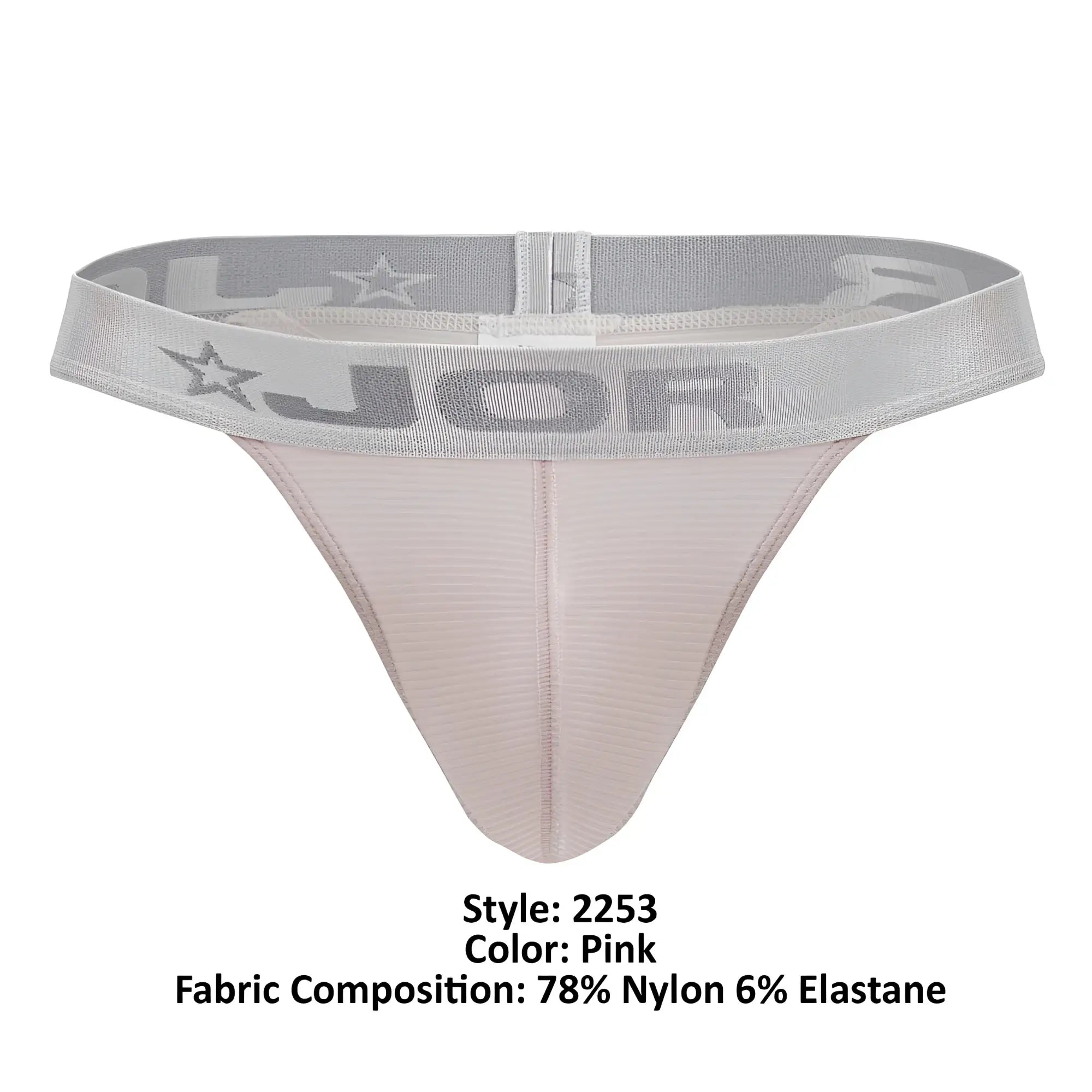 Pink jor 2253 bright thong with gray star and brand logo waistband showing front side design details