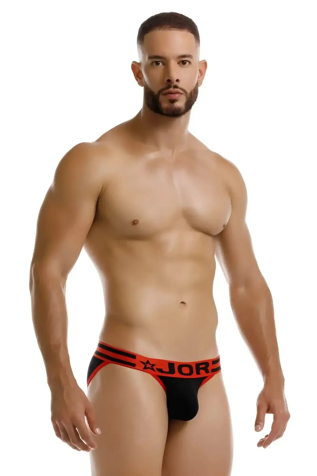 Black jor 2255 rush bikini underwear with bold red trim and star logo in front view