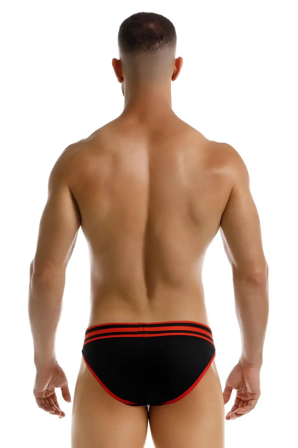 Black JOR 2255 Rush bikini briefs featuring bold red trim and three horizontal stripes on the waistband