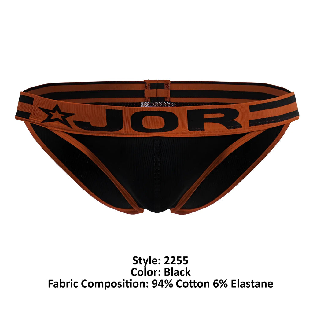 Black jor 2255 rush bikini briefs with orange trim and star logo waistband for comfortable everyday wear