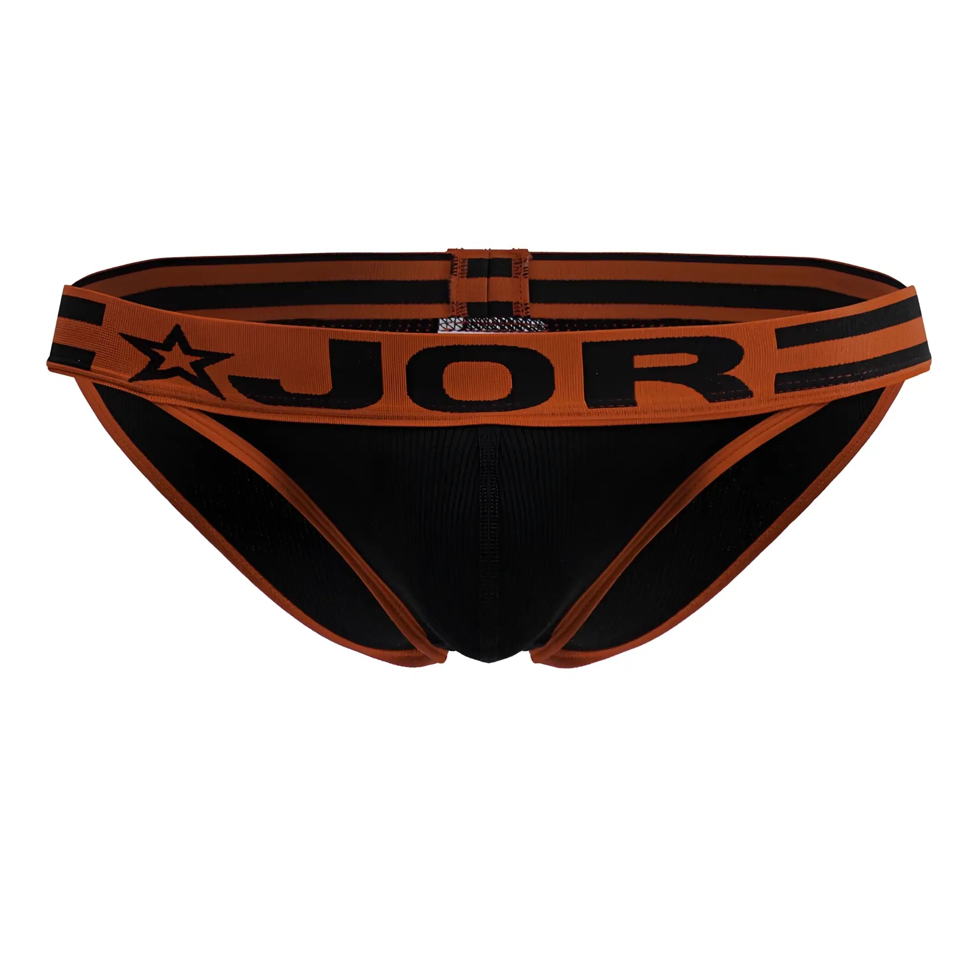 Black and orange JOR 2255 Rush bikini briefs with bold logo and star emblem on waistband in stretch fabric