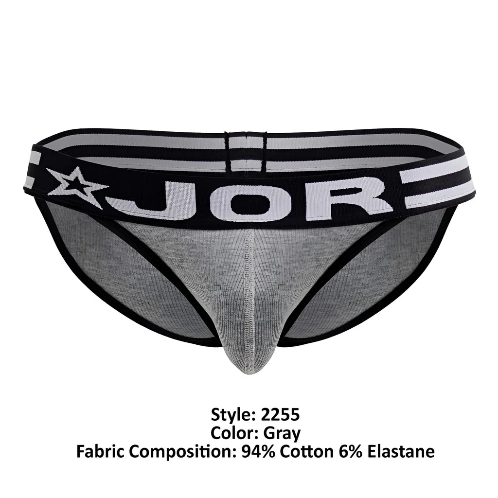 Gray jor 2255 rush bikini briefs with black trim and star logo on waistband in soft breathable fabric