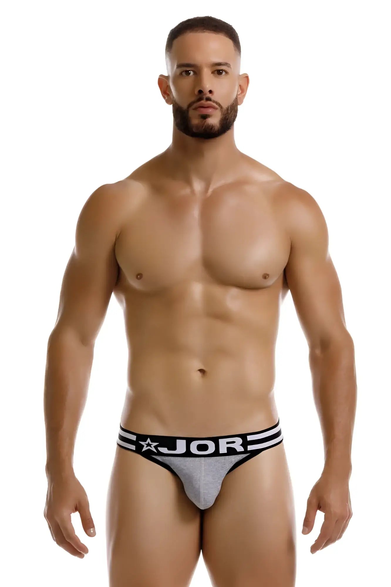Gray jor 2255 rush bikini briefs with black trim and white lettering featuring comfortable stretchy fabric