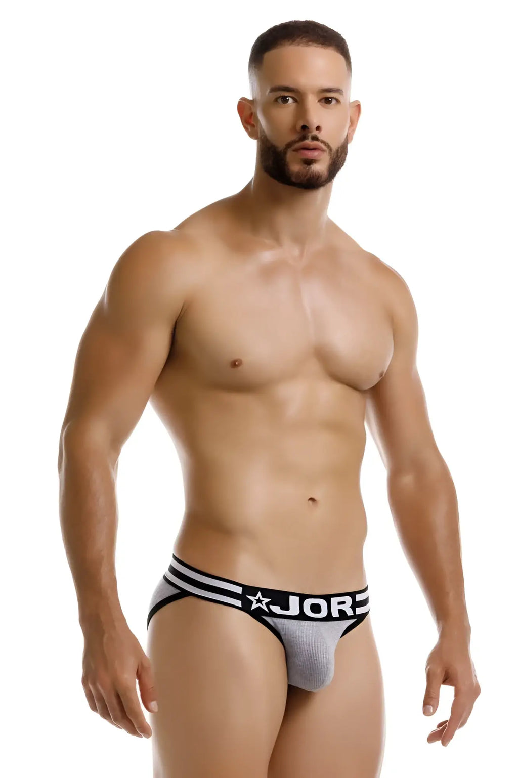 Gray jor 2255 rush bikini briefs with black and white star logo striped waistband for comfortable everyday wear