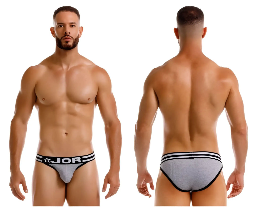 Gray jor 2255 rush bikini briefs with black trim and star logo on waistband in soft breathable fabric