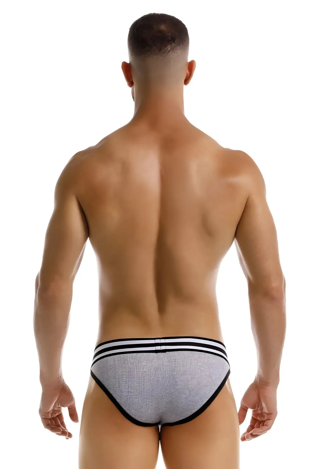 Gray textured rush bikini briefs with black trim and three horizontal stripes on the waistband by JOR