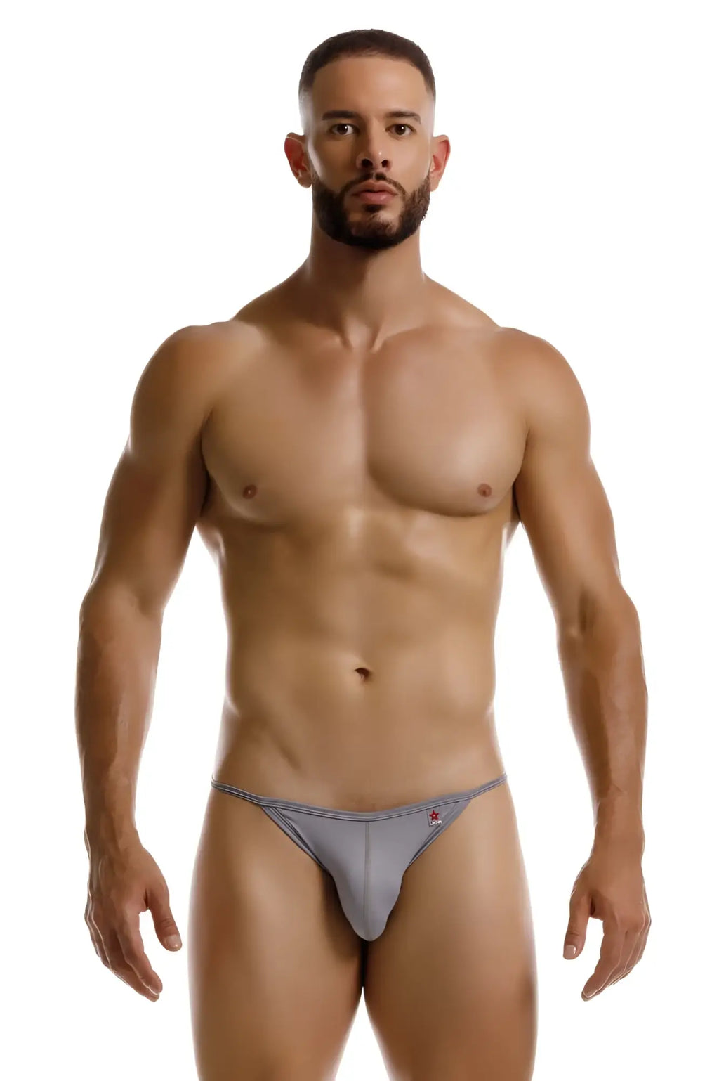 Gray jor 2257 axel bikini briefs with a subtle red and white logo on the left hip for athletic wear