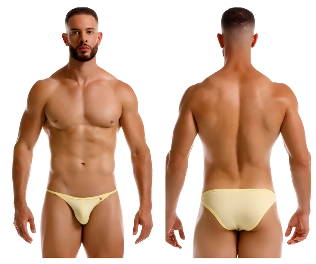 Jor 2257 axel bikini in pale yellow with a form-fitting brief design and subtle red logo on the front