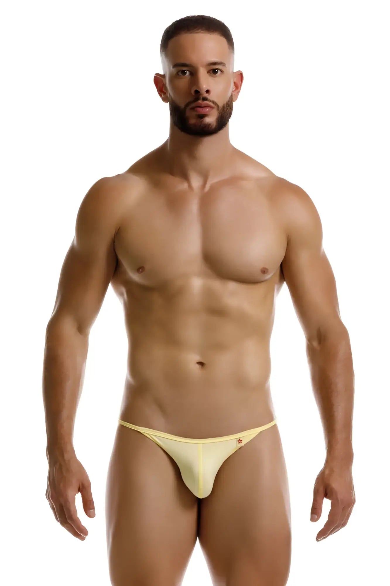 A sleek pale yellow JOR 2257 Axel bikini thong with a subtle logo on the sideband shown from the front