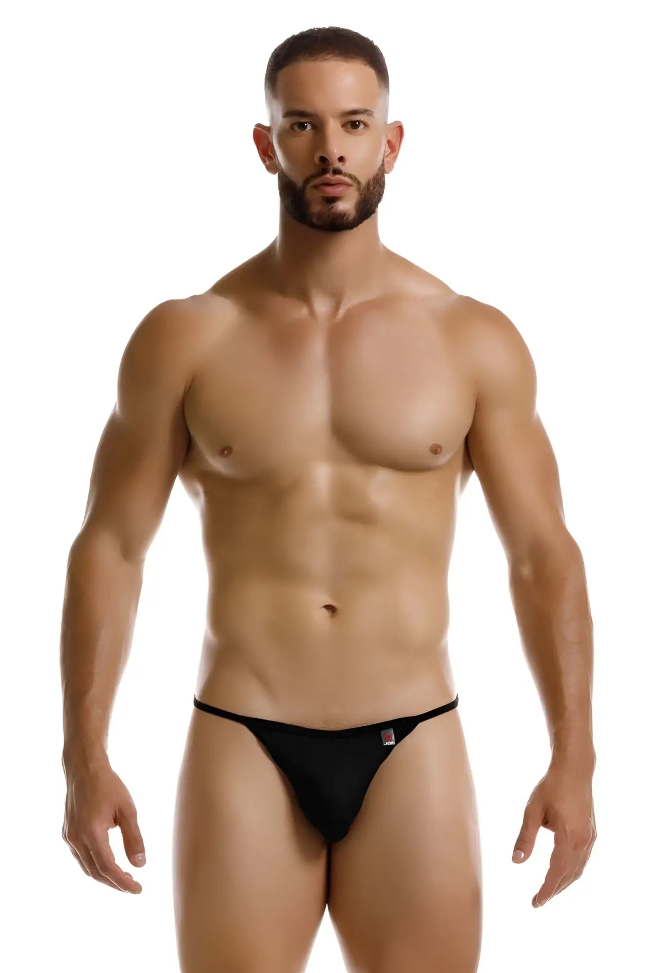 Black JOR 2258 Axel g-string thong with a small red and white logo on the left hipband showing the back side