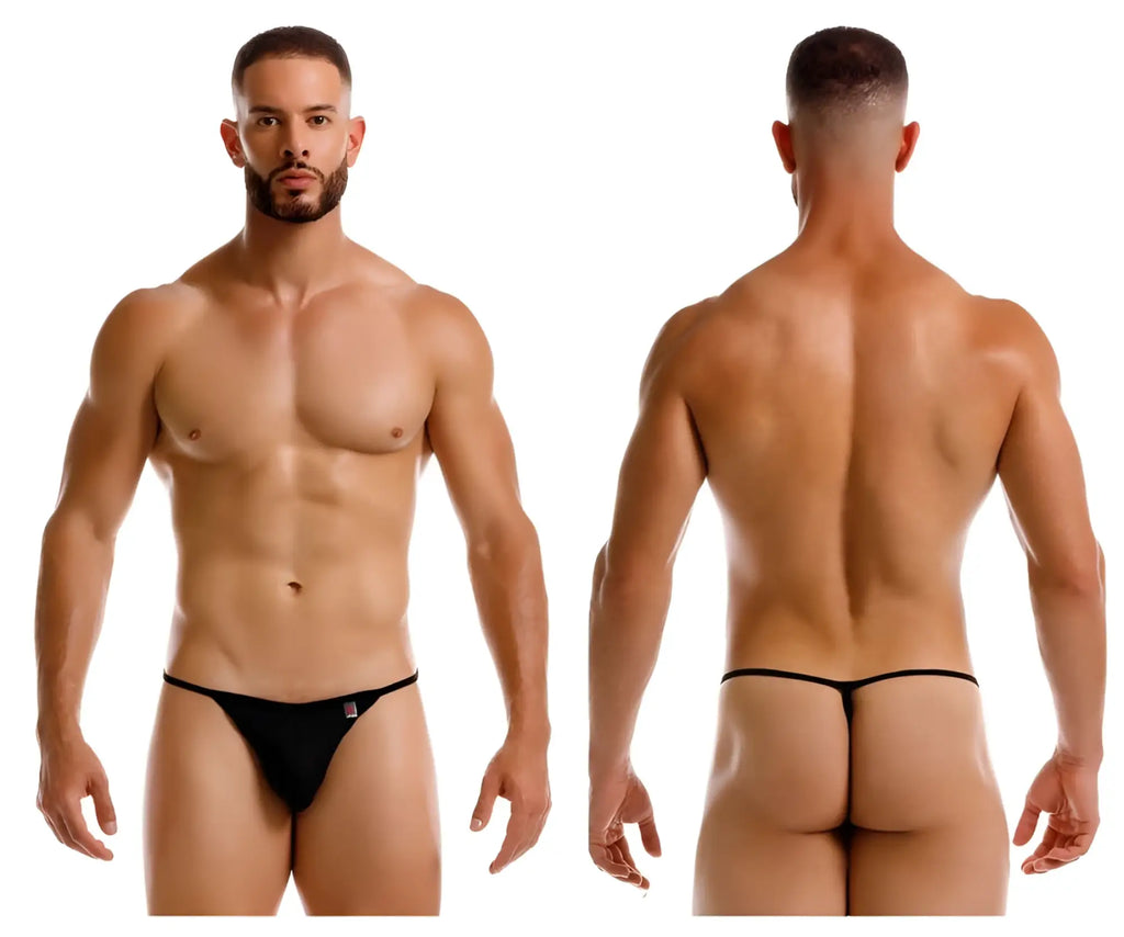 Black jor 2258 axel g-string thong with a small red and white logo on the left hipband shown from the back side