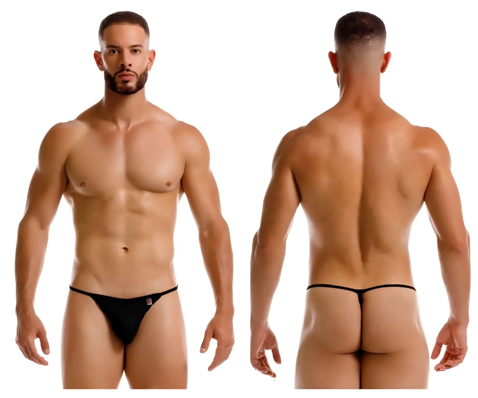 Black jor 2258 axel g-string thong with a small red and white logo on the left hipband shown from the back side