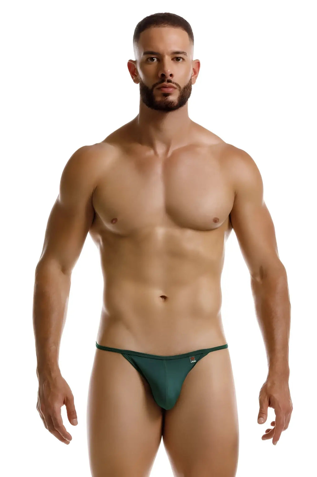 Dark green form-fitting jor 2258 axel g-string thong with small logo on left hipband shown from back side