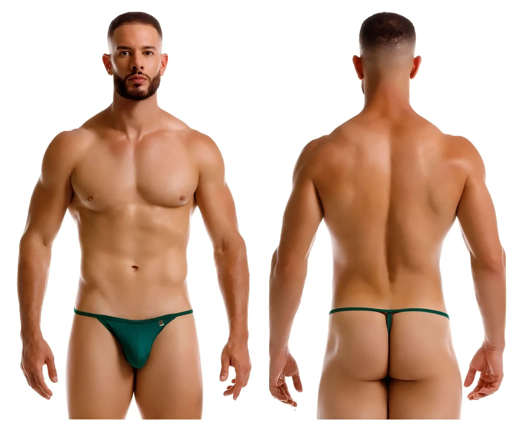 Dark green jor 2258 axel g-string thong with a small logo on the left hipband shown from the back side