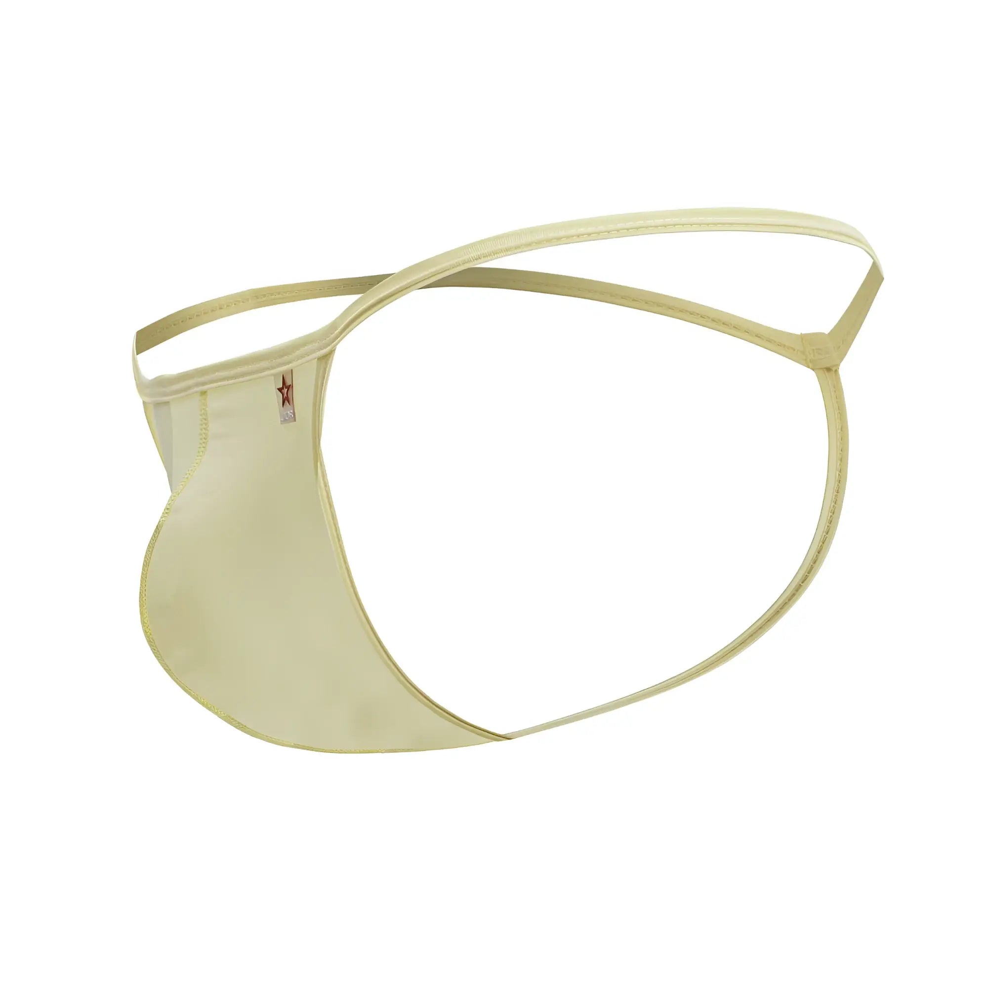 Cream-colored sheer mesh thong with thin elastic waistband and small red star logo called JOR 2258 Axel G-String yellow