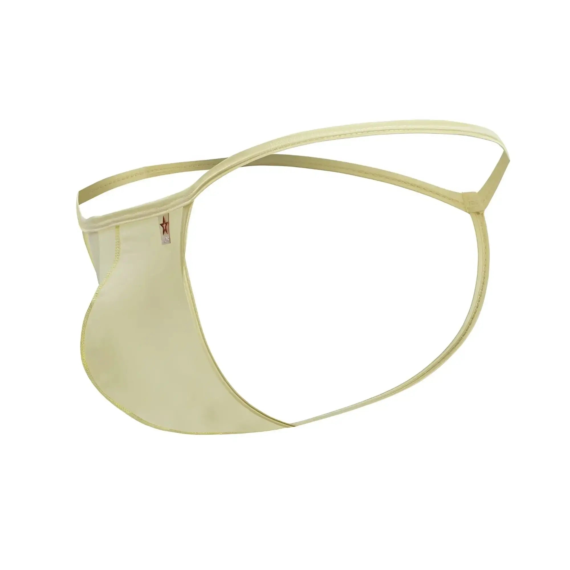 Cream-colored sheer mesh thong with thin elastic waistband and small red star logo called JOR 2258 Axel G-String yellow